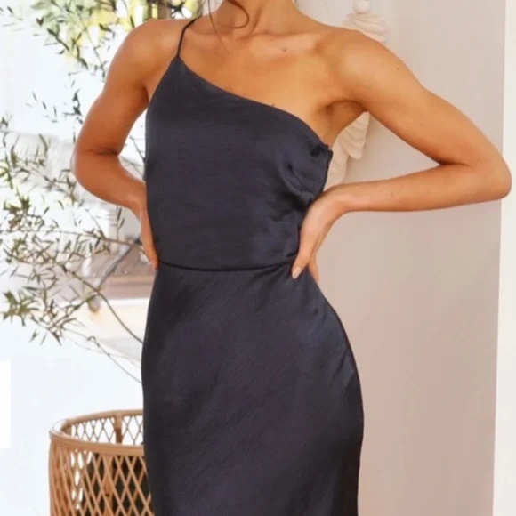 NWT Billy J. Kimbra Midi Satin Dress One Shoulder Style - Navy Blue - Picture 1 of 6